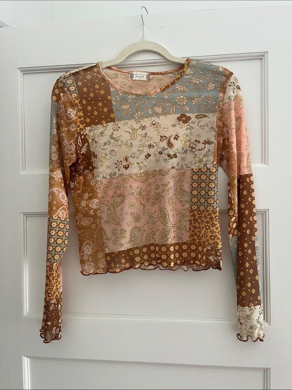 Altar'd State Pink, Brown & Cream Patchwork Paisley Long Sleeve Top